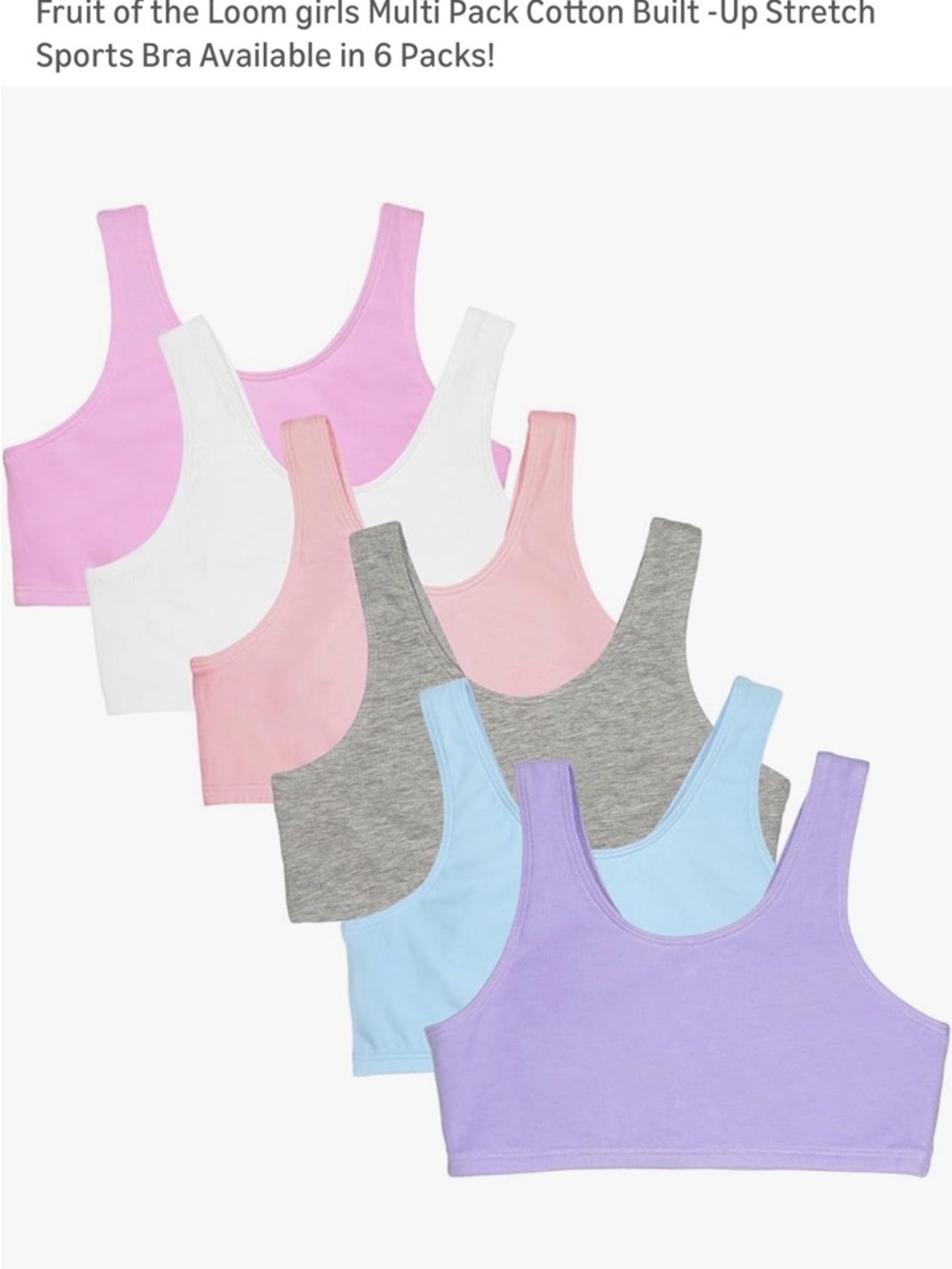 Girls Cotton Stretch Crop Tank Bra - Multi Pastel Pack bralette size 12